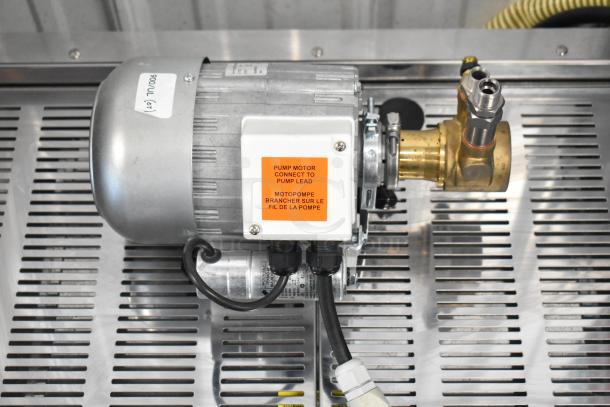 La Marzocco stainless steel pump motor for a commercial 2-group espresso machine, featuring connection details.