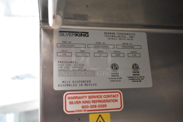 BRAND NEW Silver King SKMAJ3-ESUS4 18 Gal Stainless Steel Refrigerated Milk Dispenser, 120V, 1 Phase. Tags with specs visible.
