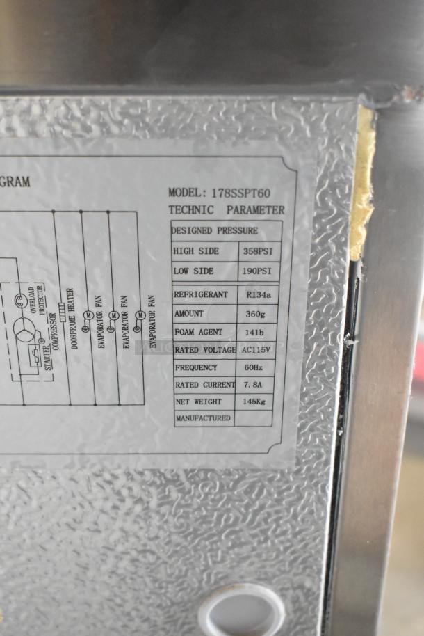 Avantco 178SSPT60 label showing technical specs: 115V, 1 Phase, R134a refrigerant, 145kg. New with minor scratches.