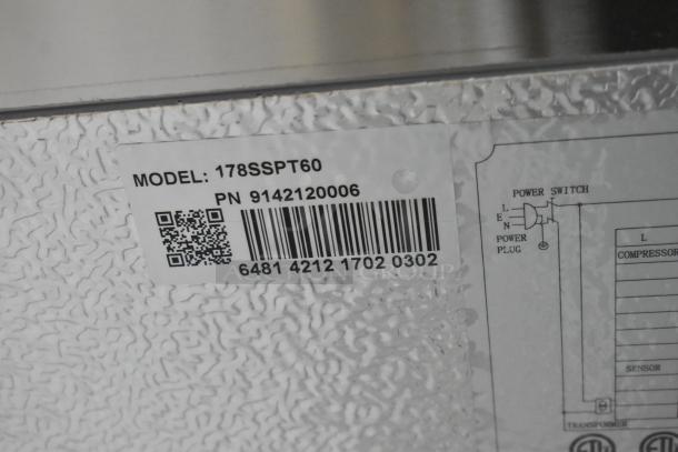 Avantco 178SSPT60 stainless steel commercial sandwich prep table, model label with QR code and barcode. Brand new, minor dents.