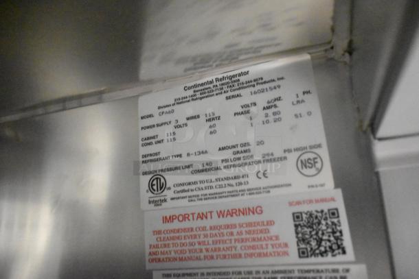 BRAND NEW SCRATCH AND DENT! 2020 Continental CPA60 stainless steel pizza prep table with commercial casters, 115 volts, 1 phase.