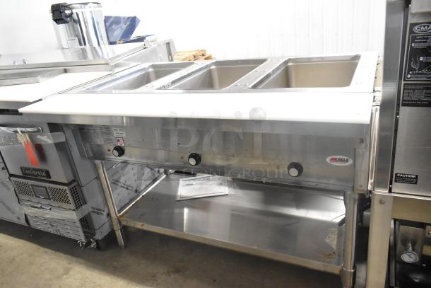 Brand new 2023 Eagle SHT3-120 stainless steel 3-bay steam table with metal under shelf, 120V, 1 phase, scratch and dent.
