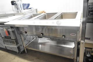 Brand new 2023 Eagle SHT3-120 stainless steel 3-bay steam table with metal under shelf, 120V, 1 phase, scratch and dent.
