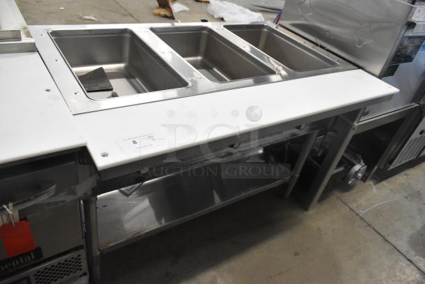 Brand new 2023 Eagle SHT3-120 stainless steel 3-bay steam table with metal under shelf, 120 volts, 1 phase. Scratch and dent condition.
