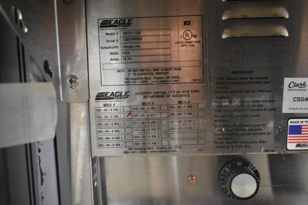 BRAND NEW 2023 Eagle SHT3-120 Stainless Steel Electric 3 Bay Steam Table, 120 Volts, 1 Phase. Features clear labels and controls.