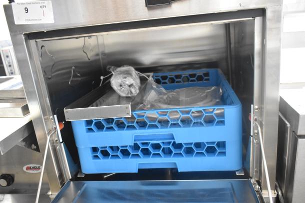 BRAND NEW CMA EST-FL stainless steel commercial dishwasher, low temp, 220V, with blue racks, visible scratch and dent.