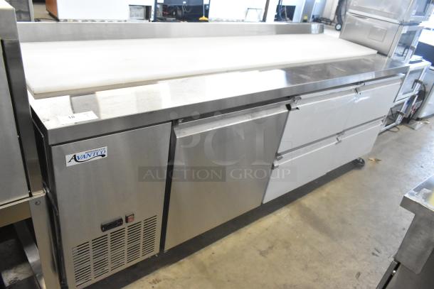 Brand new Avantco 178SSWD3R stainless steel commercial worktop refrigerator with 3 1/2" backsplash, on casters.