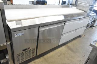 Brand new Avantco 178SSWD3R stainless steel commercial worktop refrigerator with 3 1/2" backsplash, on casters.