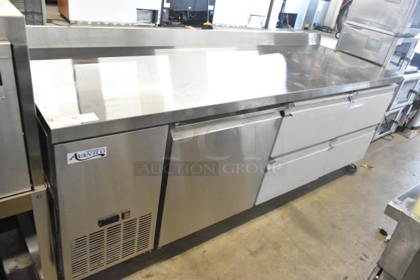 Brand new Avantco 178SSWD3R stainless steel worktop refrigerator, extra deep with 3 1/2" backsplash, on casters.