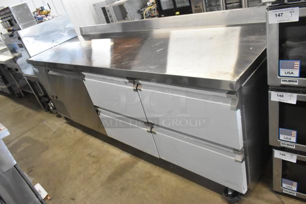 Brand new Avantco 178SSWD3R stainless steel commercial refrigerator, extra deep worktop, 3 1/2" backsplash, on casters.
