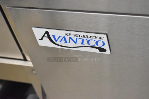 New Avantco 178SSWD3R stainless steel worktop refrigerator with 3 1/2" backsplash, commercial casters, 115V, 1 Phase, scratch/dent.