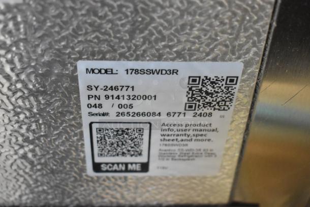 QR code label on Avantco 178SSWD3R refrigerator showing model, serial number, and access instructions for product information.