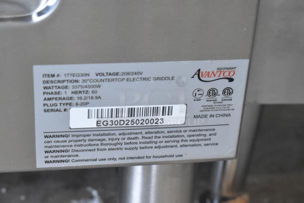 Alt text: Avantco 177EG30N stainless steel 30" electric countertop griddle label, 208/240V. Serial EG30D25020023.