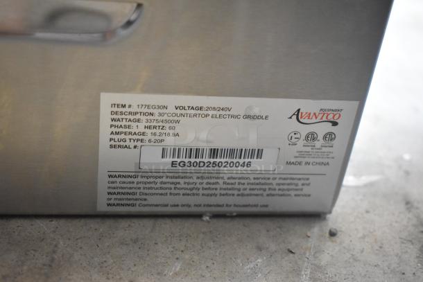 Avantco 177EG30N stainless steel electric griddle, 30" countertop, 208/240V, 1 phase, new scratch and dent, labels visible.