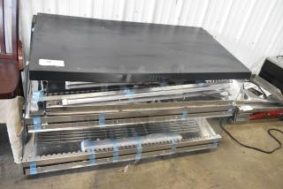 "ServIt 423OAM138D 48\" slanted 2-shelf heated display, scratch, and dent damage visible, 120V, 1 phase."