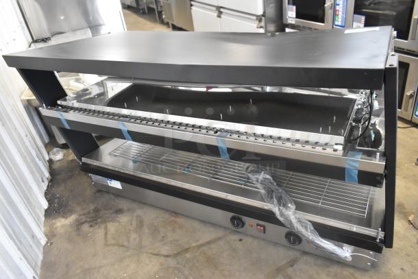Brand new ServIt 423OAM138D 48" slanted 2-shelf heated display, black finish, 120V, visible scratch and dent damage.