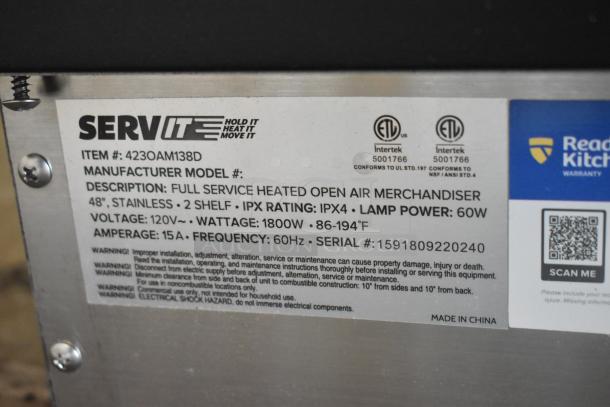 ServIt 423OAM138D 48" heated display merchandiser label showing specs: 120V, 1800W, IPX4, made in China.