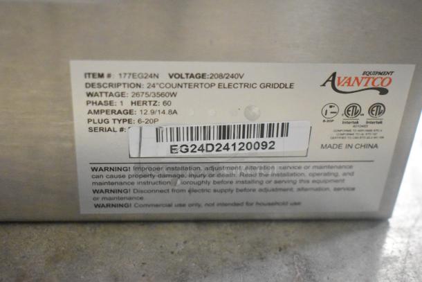 Stainless steel label on Avantco 177EG24N countertop griddle, 208/240V, 2675/3560W, 1 phase, Hertz 60, plug type 6-20P. Serial EG24D24120092.
