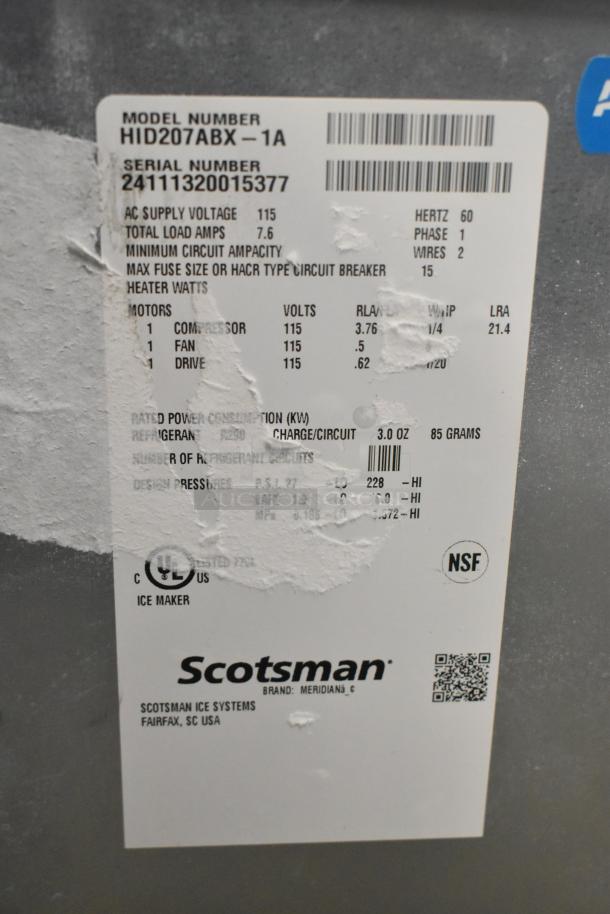 "Label on Scotsman HID207ABX-1A ice machine showing model, serial number, and electrical specifications."