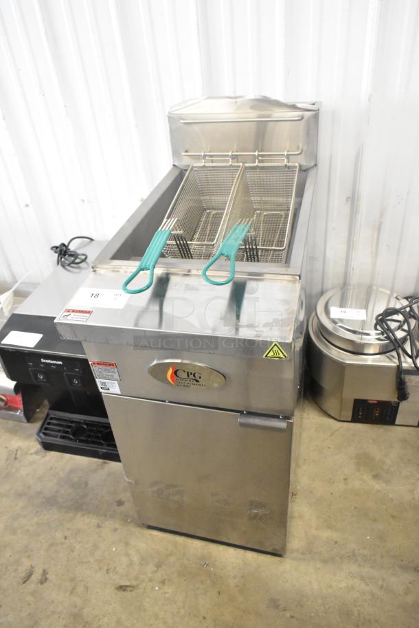 Brand new Cooking Performance Group 351FFOP40N fryer, stainless steel, 40 lb capacity, 90,000 BTU, with 2 fry baskets.
