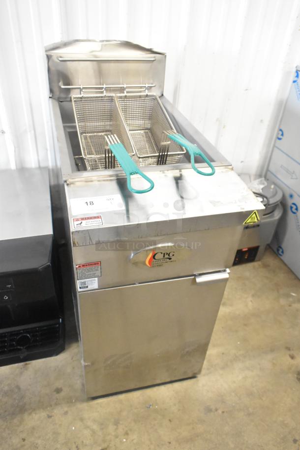 BRAND NEW 2024 CPG 351FFOP40N Stainless Steel 40 lb. Natural Gas Fryer, 90,000 BTU, with 2 fry baskets. Scratch and dent condition.
