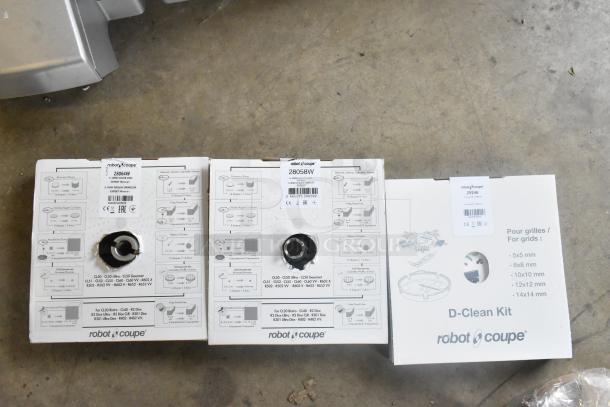 Brand new Robot Coupe R 702 food processor with 28064W slicing disc, 29246 dice cleaning kit, 28058W grating disc.