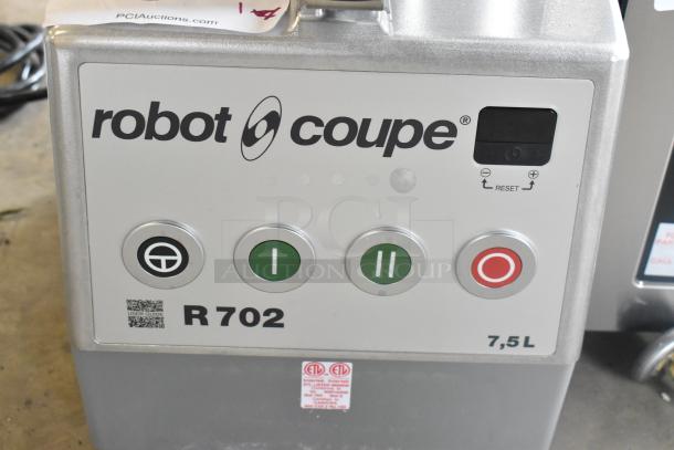 Robot Coupe R 702 food processor, 8 qt, includes 1/8" slicing and grating discs, dice cleaning kit, ETL certified.