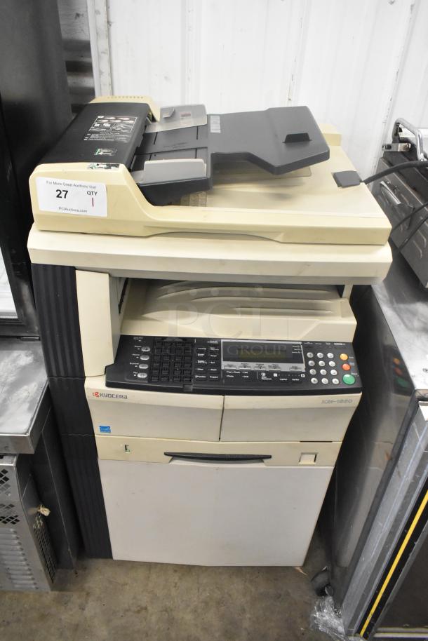 Kyocera AGK3 floor-style copier, printer, scanner in beige, black control panel, model AGK3. Visible auction tag.
