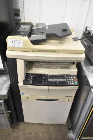 Kyocera AGK3 floor-style copier, printer, scanner in beige, black control panel, model AGK3. Visible auction tag.