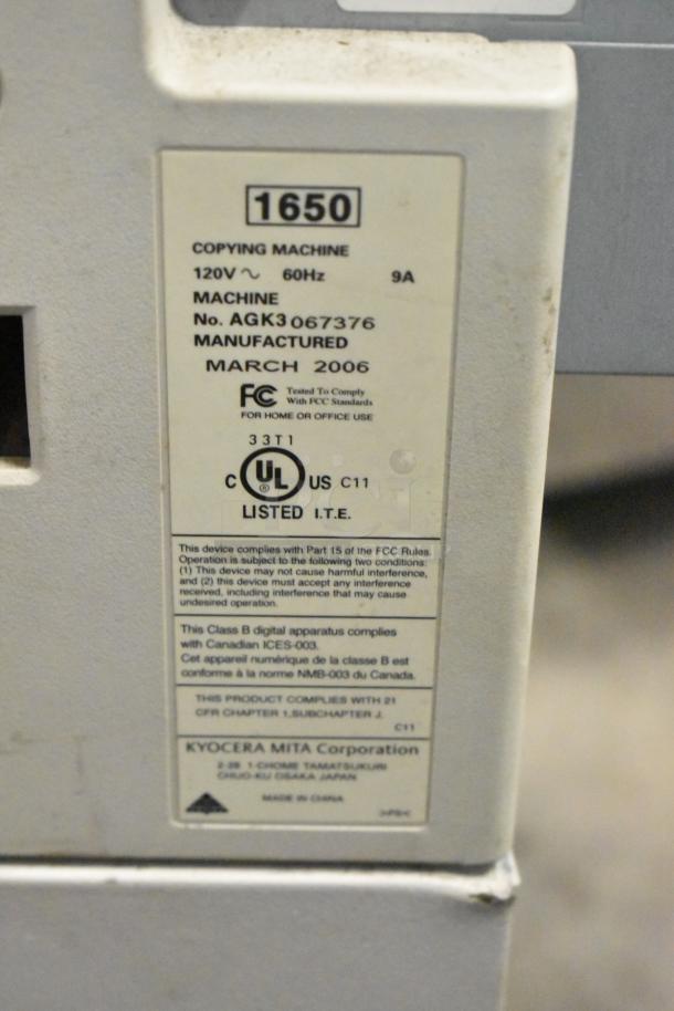 Kyocera AGK3 Floor Copier Printer Scanner, model AGK3, manufactured March 2006, 120V, 60Hz, 9A.