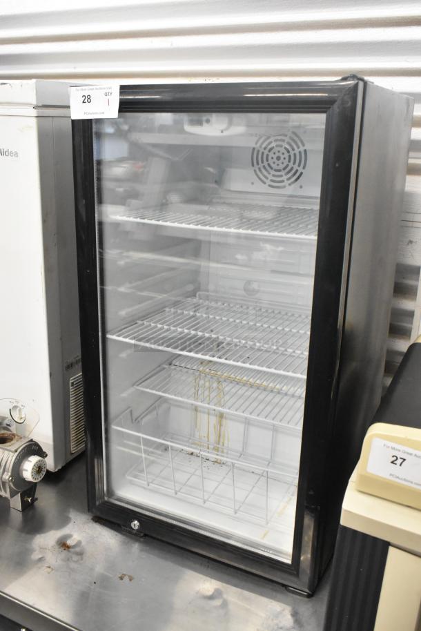 Cecilware CTR3.75 metal mini cooler merchandiser with glass door, 110-120V, 1 phase, used condition, interior shelves visible.