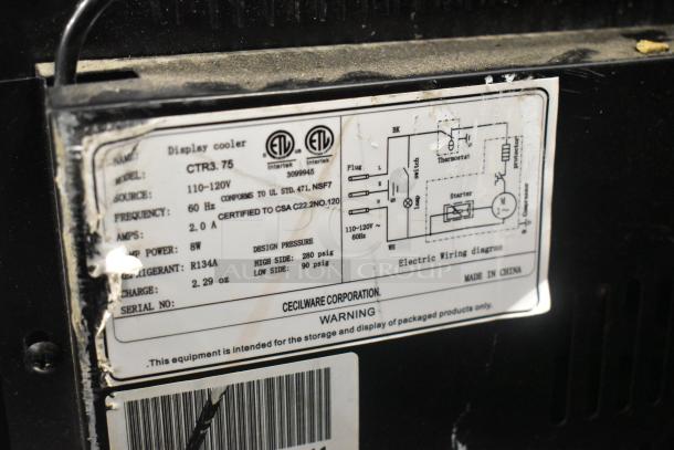 Cecilware CTR3.75 mini cooler label showing model, 110-120V power, 60Hz, R134A refrigerant, and electrical specs.