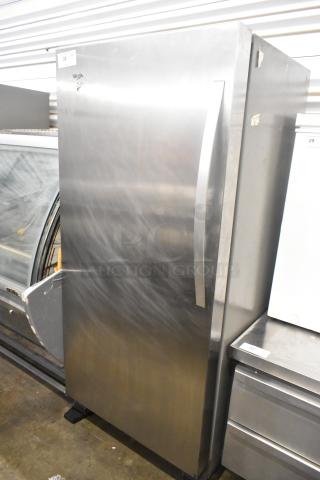 2019 Whirlpool WSZ57L18DM03 single-door freezer in stainless steel. Model visible. 115 volts, 1 phase. Good condition.