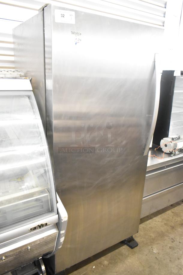 2019 Whirlpool WSZ57L18DM03 stainless steel single door freezer, 115 volts, 1 phase, good condition, model label visible.