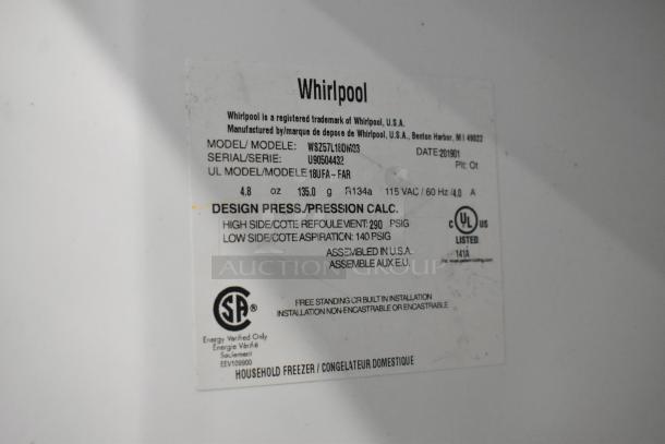 2019 Whirlpool WSZ57L18DM03 single door reach-in freezer label, 115V, 1 phase, UL listed, serial U90504432.