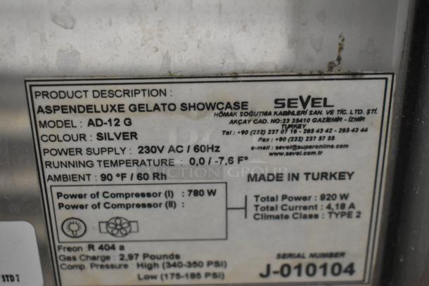 Sevel AD-12G Gelato Case, silver, 230V, 1 phase, 920W, ambient 90°F; product and power details label visible. Made in Turkey.