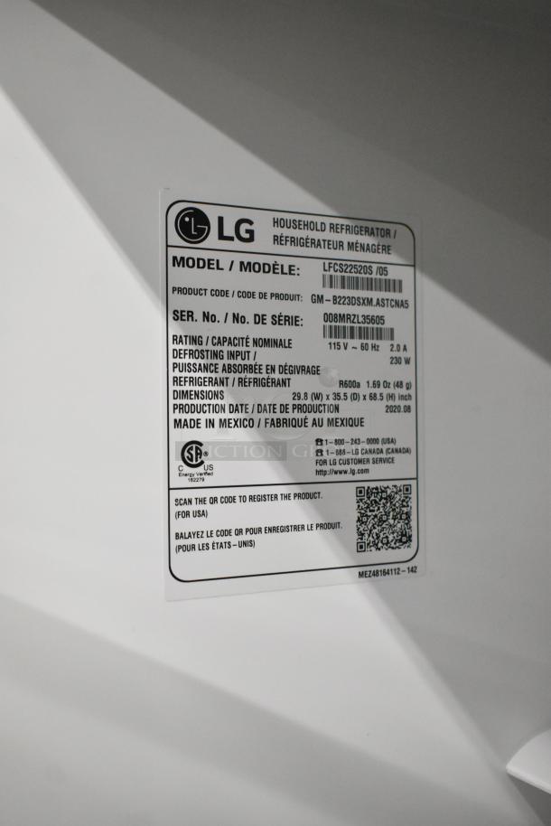 LG LFCS22520S label, showing model, serial number, voltage (115V), phase (1), and dimensions. Energy verified, QR code for registration.