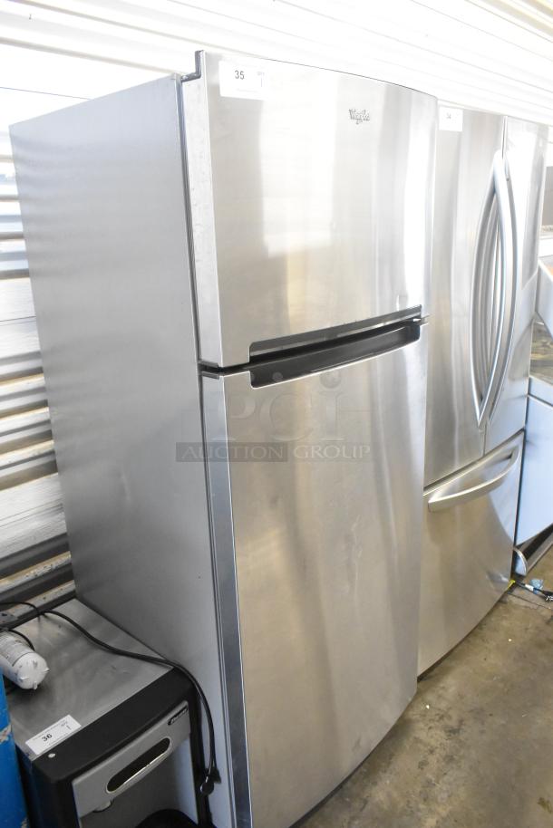 2016 Whirlpool WRT518SZFM00 stainless steel cooler with freezer, 115 volts, 1 phase. Minor scuffs on surface. Model visible.