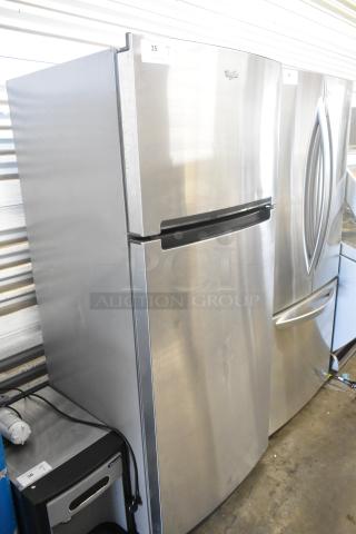 2016 Whirlpool WRT518SZFM00 stainless steel cooler with freezer, 115 volts, 1 phase. Minor scuffs on surface. Model visible.