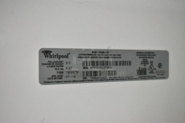 Label of 2016 Whirlpool WRT518SZFM00 stainless steel cooler with freezer, 115 volts, model number and specs visible.