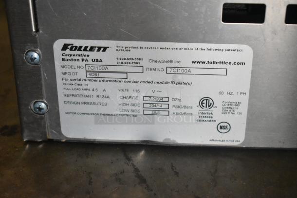 Follett 7CI100A countertop ice machine, water dispenser, 115V, 1 phase. ETL listed, NSF certified, metal exterior, MFG DT 4081.