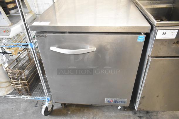Ikon IUC28R stainless steel single door undercounter freezer on casters, 115V, 1-phase, commercial use, good condition.