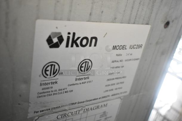 Ikon IUC28R stainless steel commercial undercounter freezer label, showing model info, ETL certification, 115V, 1 phase.