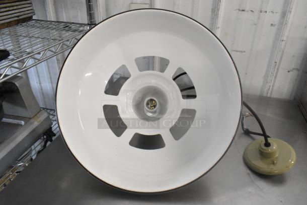 Two metal light fixtures, white with black trim, open slots for venting, includes wiring and ceiling mount, good condition.