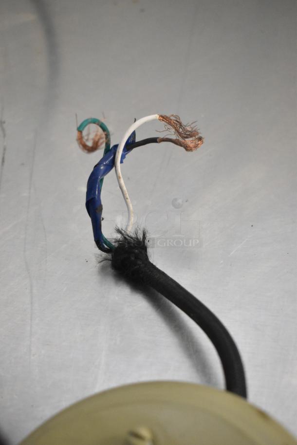 Two metal light fixture wires, worn condition. Visible exposed copper and blue electrical tape, suitable for repair.