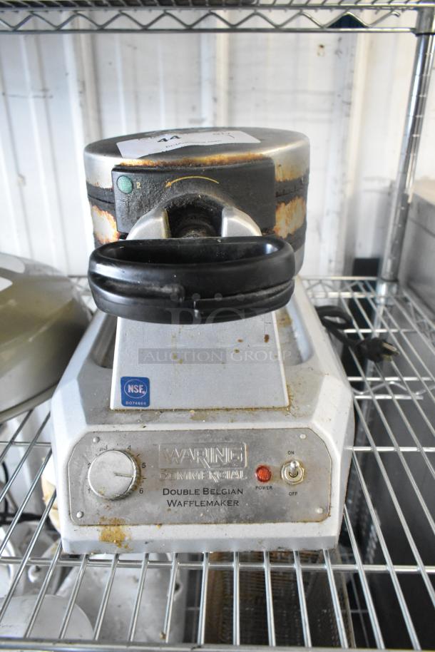 Waring WW200 Metal Countertop Waffle Maker, visible wear, 120 Volts, 1 Phase, NSF certified, control dial, power switch.