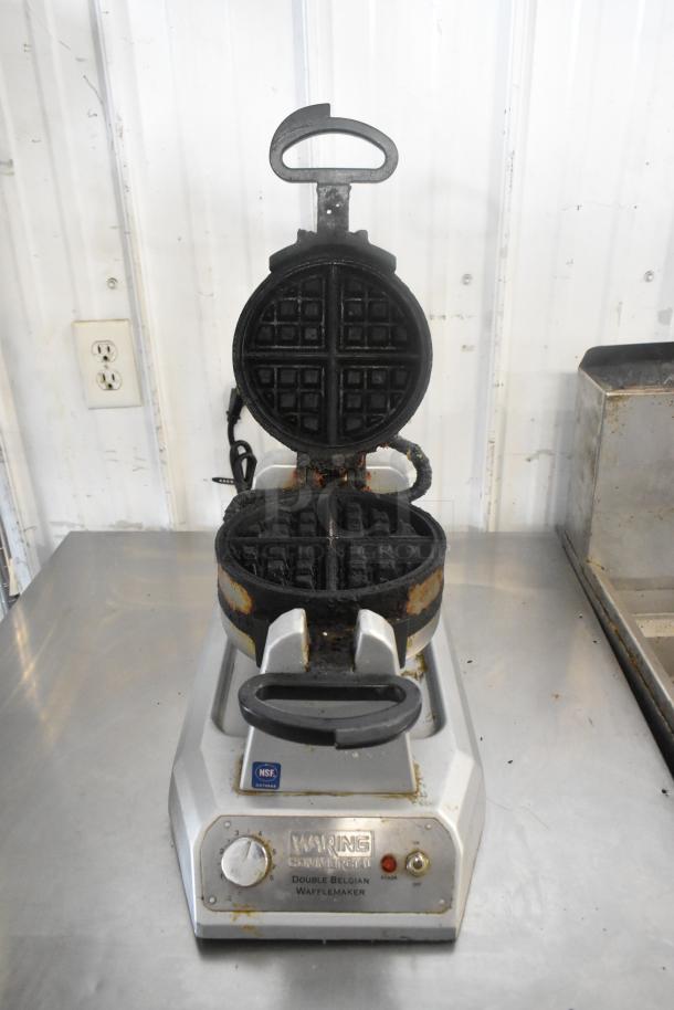 Waring WW200 Metal Countertop Waffle Maker, double Belgian style, 120 volts, 1 phase, visible wear, NSF certified.