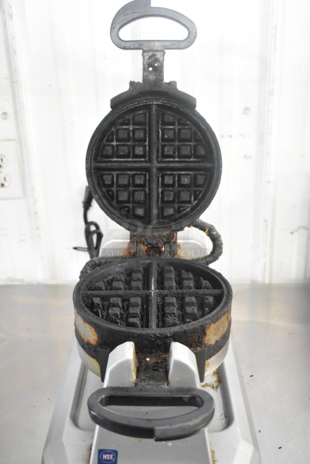 Waring WW200 Metal Countertop Waffle Maker, 120 Volts, 1 Phase, visible wear, NSF sticker on base.