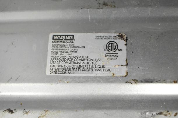 Waring WW200 Metal Countertop Waffle Maker with label; 120V, 1 Phase. Approved for commercial use. Model: WW200.
