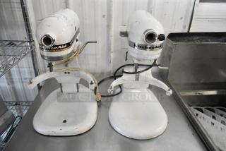 Two KitchenAid KSM5OP/KM25G metal countertop 5-quart dough mixers, 115 volts, 1 phase, showing signs of wear.